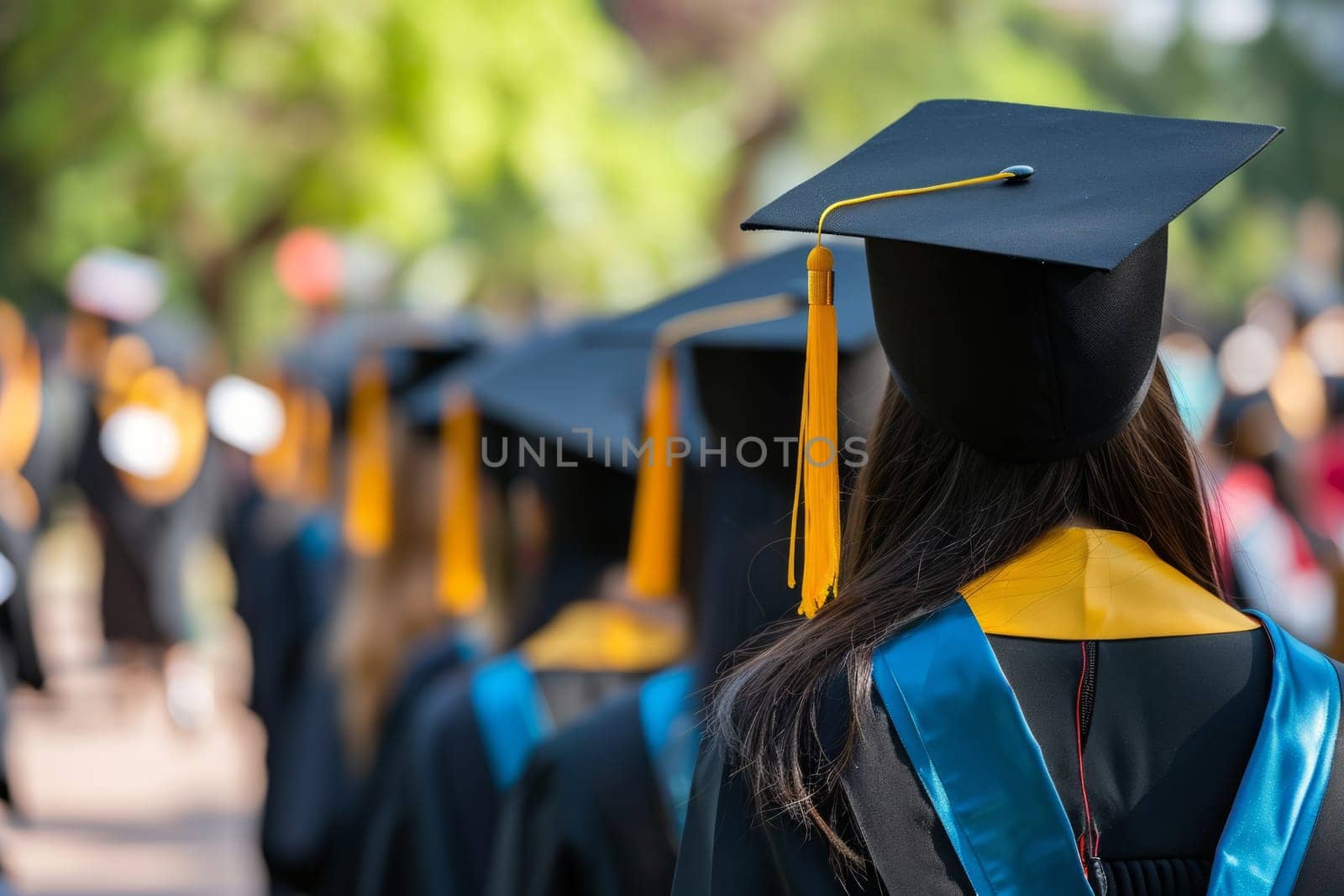 Rear view of university graduates wearing an academic gown and cap on background of university. Education concept