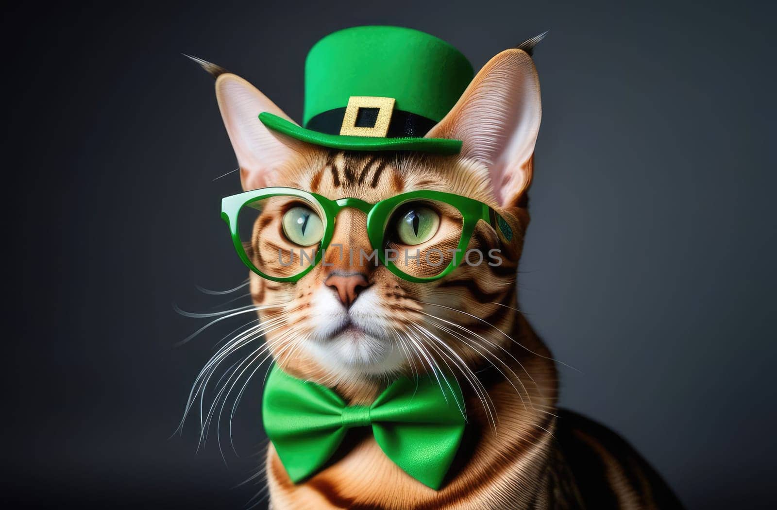 St.Patrick 's Day. A Bengal cat wearing a green top hat, glasses and a green bow tie on his neck, on a black background. Concept. Copy space. Close-up.