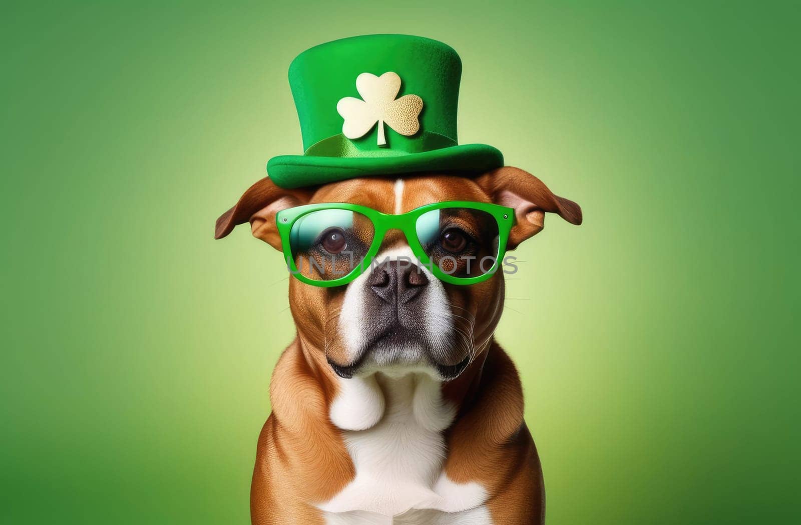St.Patrick 's Day. A cute and funny dog in a green top hat with a golden clover pattern, wearing glasses, sits on a green background. Concept. Copy space. Close-up.