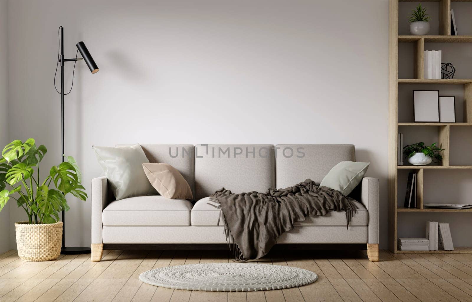 Contemporary interior living room couch with empty white wall background. 3d render illustration by meepiangraphic