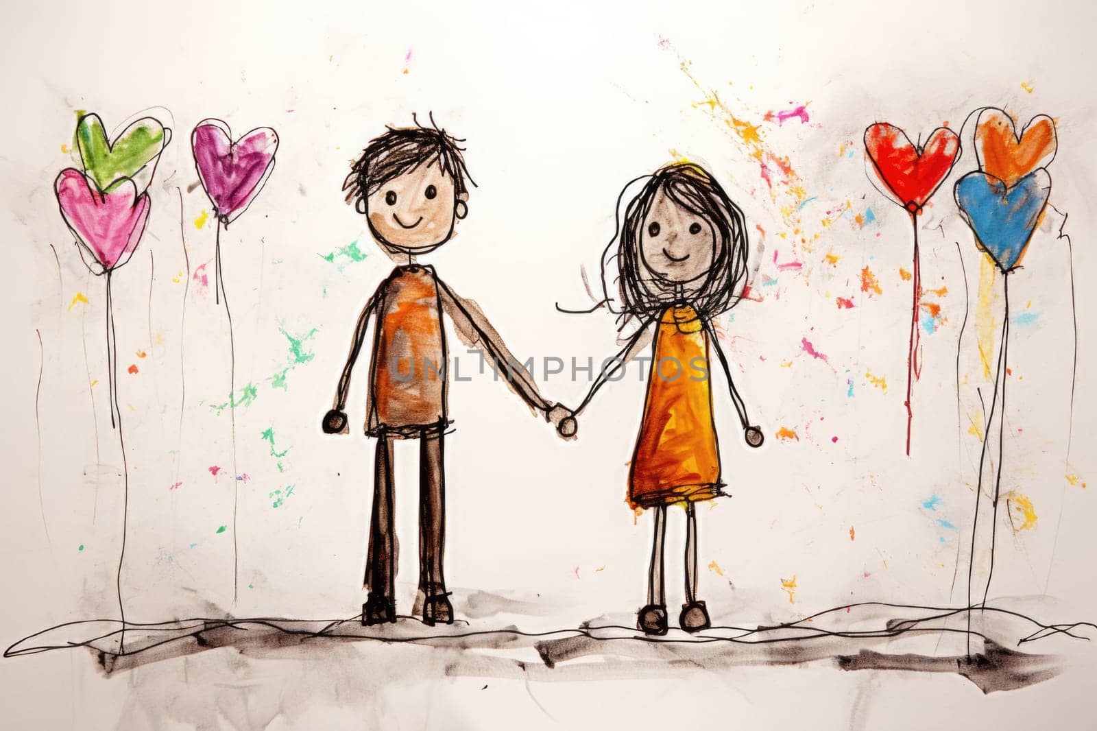 Couple in love holding hands and heart balloons