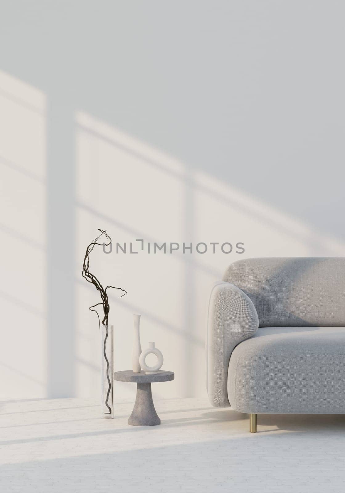 Scandinavian living room with gray armchair on empty white wall background. 3d rendering illustration.