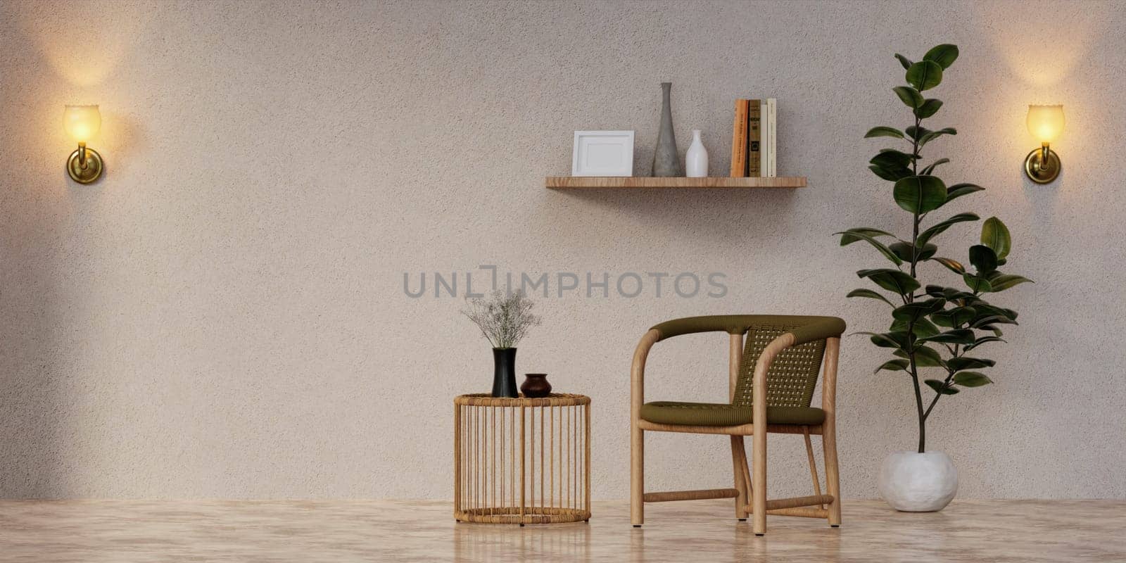 Living room with sofa and plant and blank space with Minimal style 3d render, white wall and wood floor, The room has large windows. 3d render.