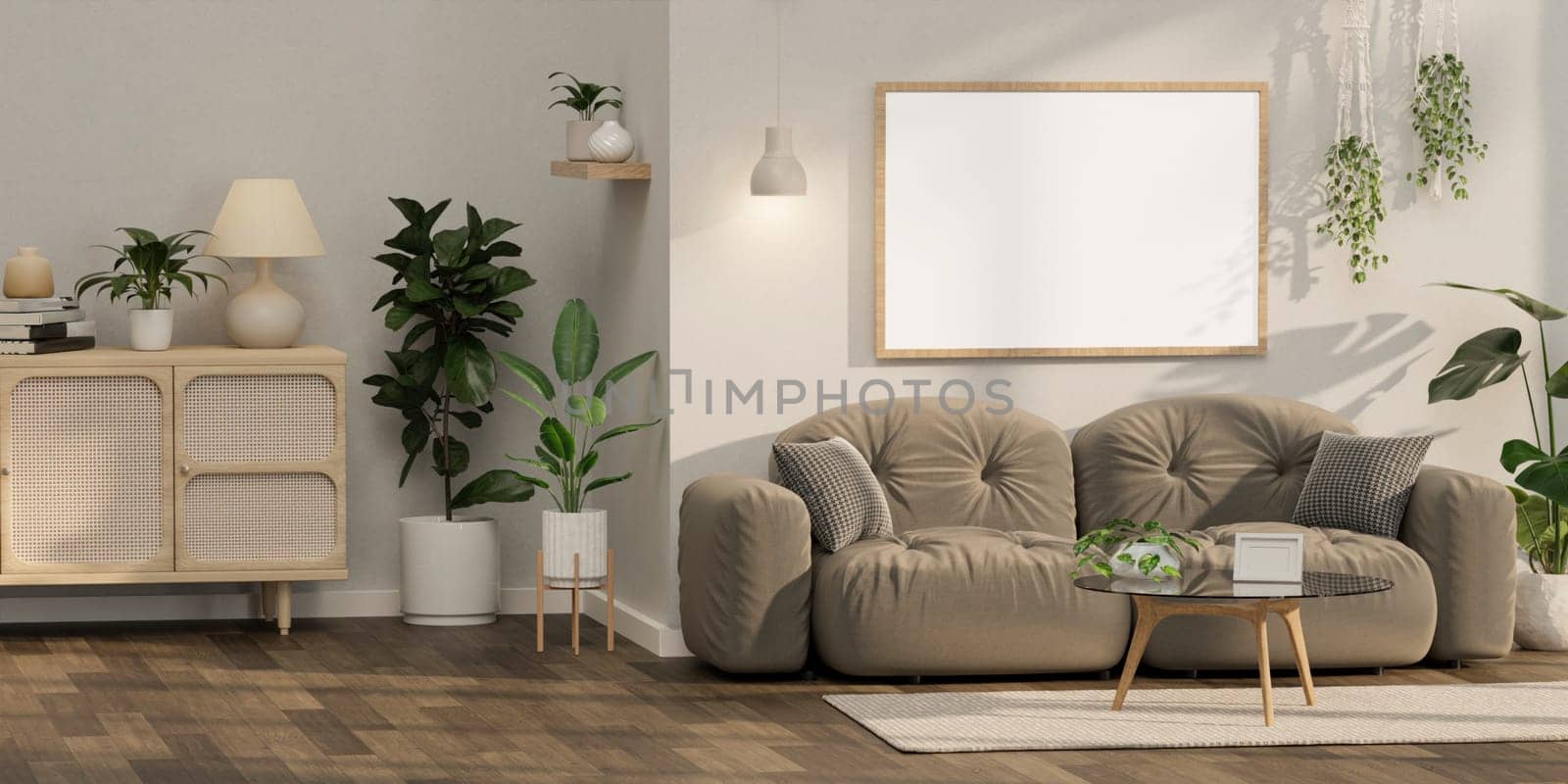 Modern Living room with sofa and decorate plant Minimal style 3d render, white wall and wood floor 3d render, by meepiangraphic