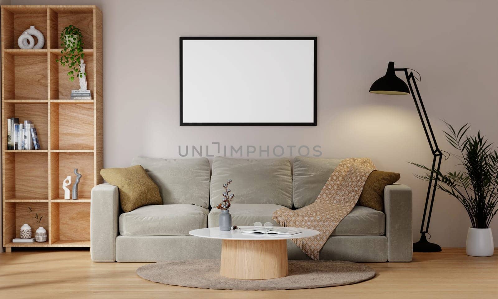 Minimal interior design of modern living room with beige fabric sofa and cushions. White wall with frame mockup space. 3d render illustration.