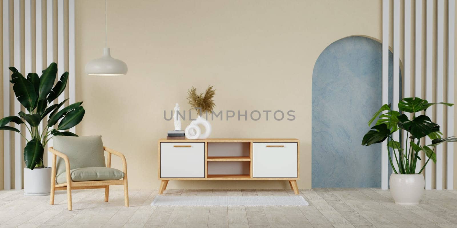beige minimalist living room interior with cabinet chair and plant on a wooden floor. Home Nordic interior. Scandinavian interior poster mock up. 3D render illustration.