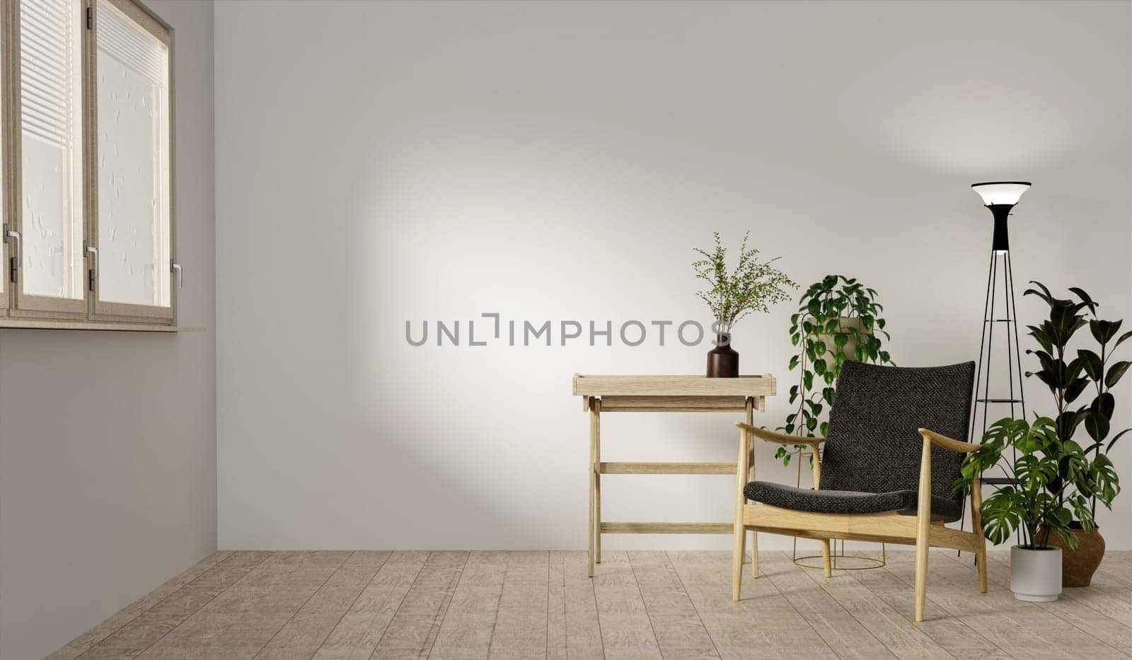 A blank room with sofa and shelf and plant and with Minimal style 3d render, white wall and wood floor, The room has large windows. 3d render.