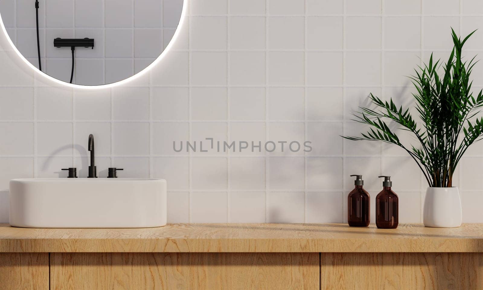 a counter with decoration on top wood with washbasin and modern style white bathroom 3d render, white wall and mirrors, The room has large windows. 3d render.