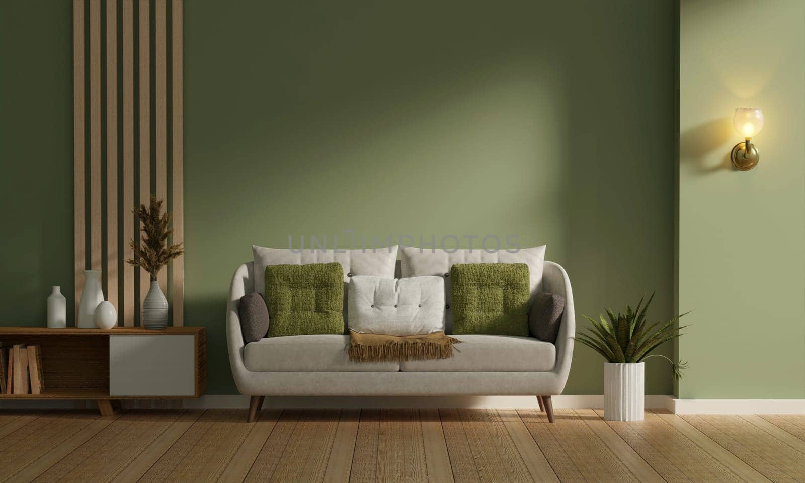 Blank poster frame mock up in living room interior, beige sofa, modern living room interior background, 3d rendering illustration.