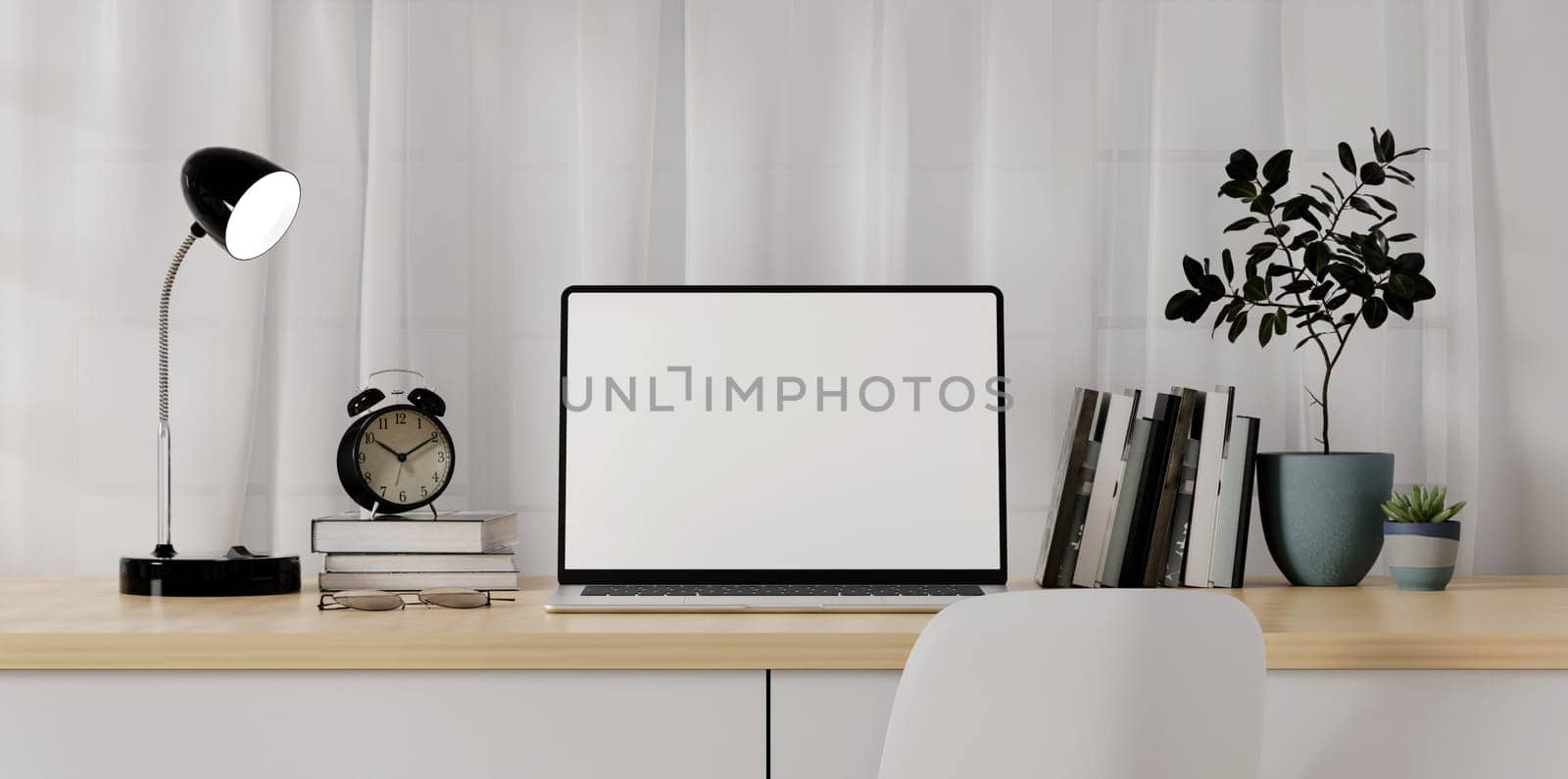 Home office desk workspace. White blank screen monitor on modern working desk. Equipment on table. Modern office concept..