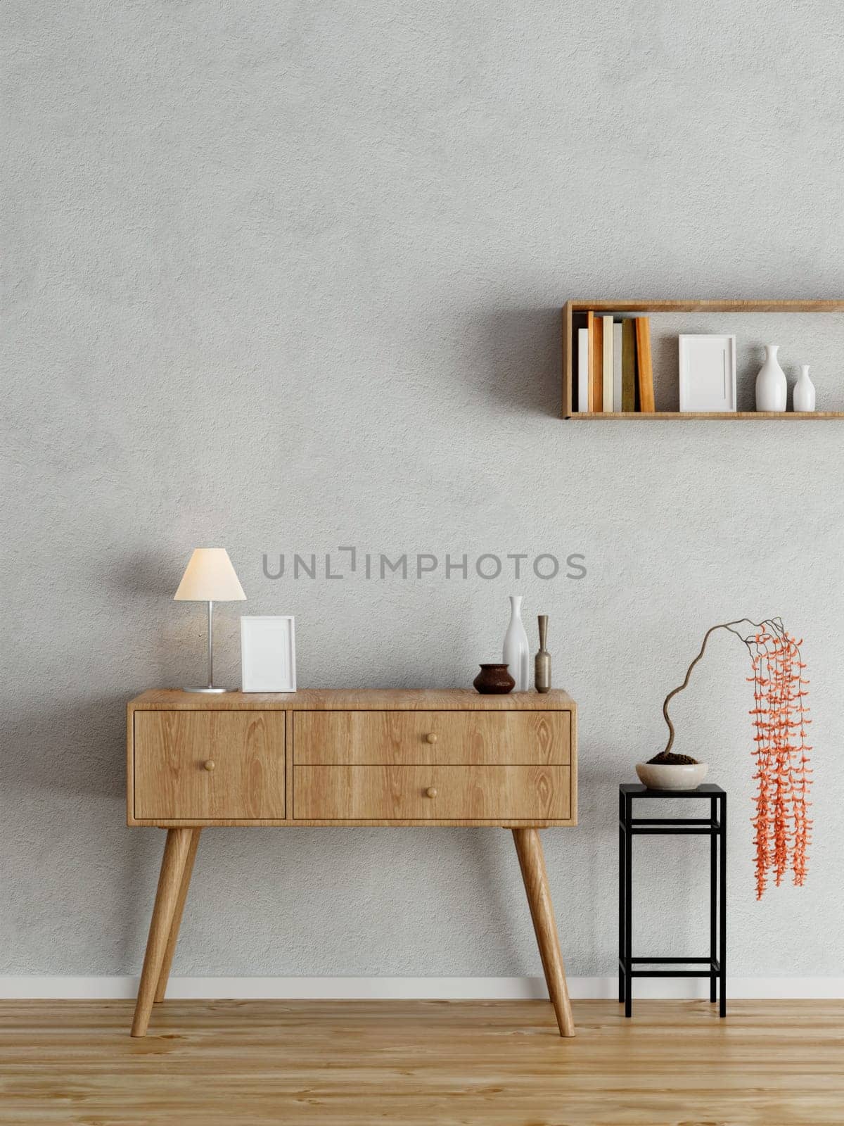 Empty wall in modern interior background, wooden office, 3D render illustration..