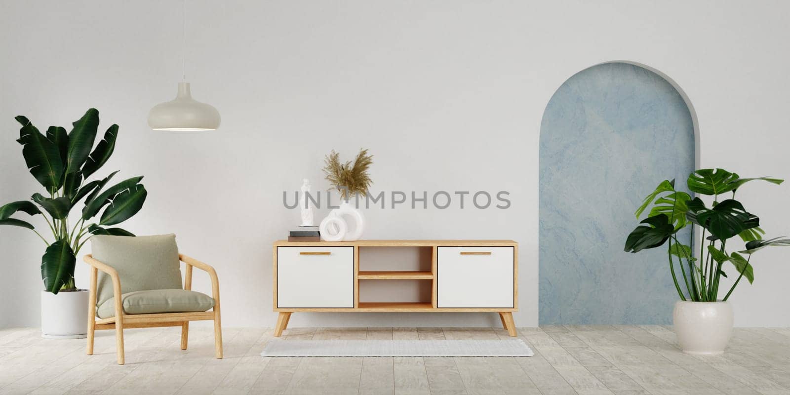 White minimalist living room interior with cabinet chair and plant on a wooden floor. Home Nordic interior. Scandinavian interior poster mock up. 3D render illustration.