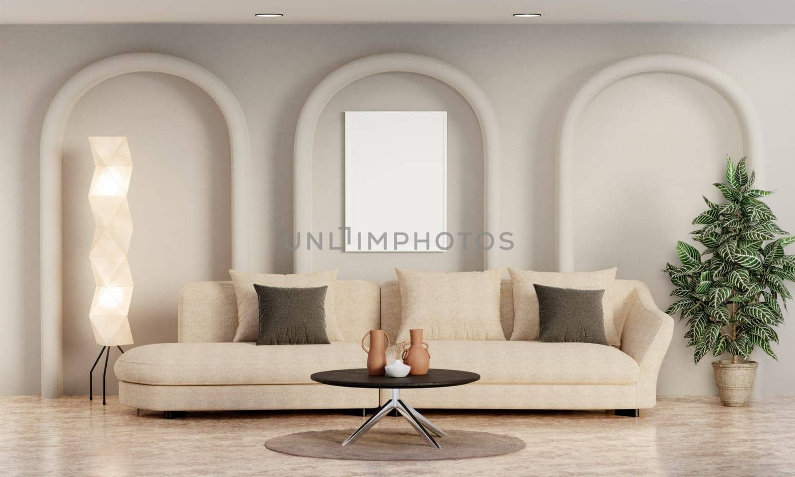 Living room with white picture frame mockup on white wall, minimalist armchair and plant, realistic lighting. Decorated home mockup , 3d rendering illustration by meepiangraphic