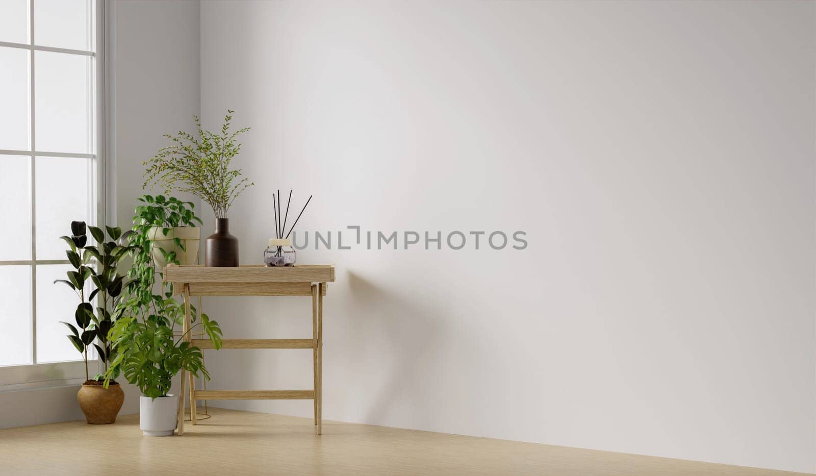 A blank room with shelf and plant and with Minimal style 3d render, white wall and wood floor, The room has large windows. 3d render.