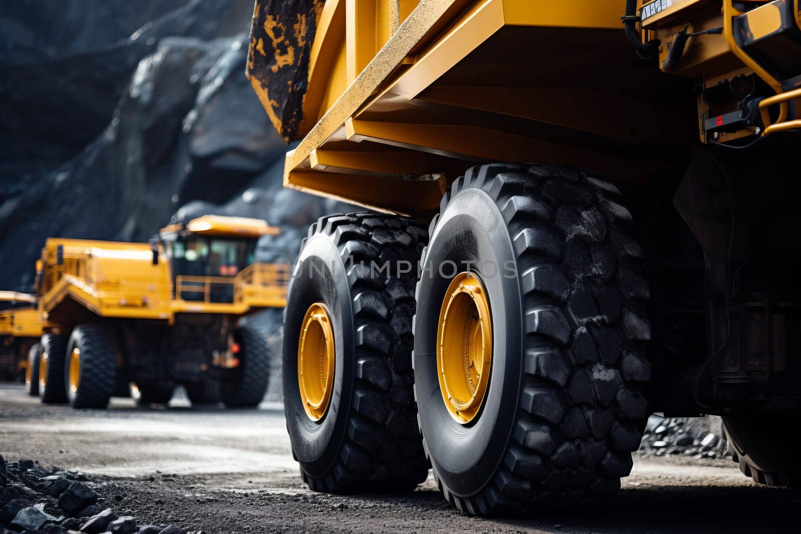 Closeup detailed large yellow dump truck for coal anthracite on the background of coal mining