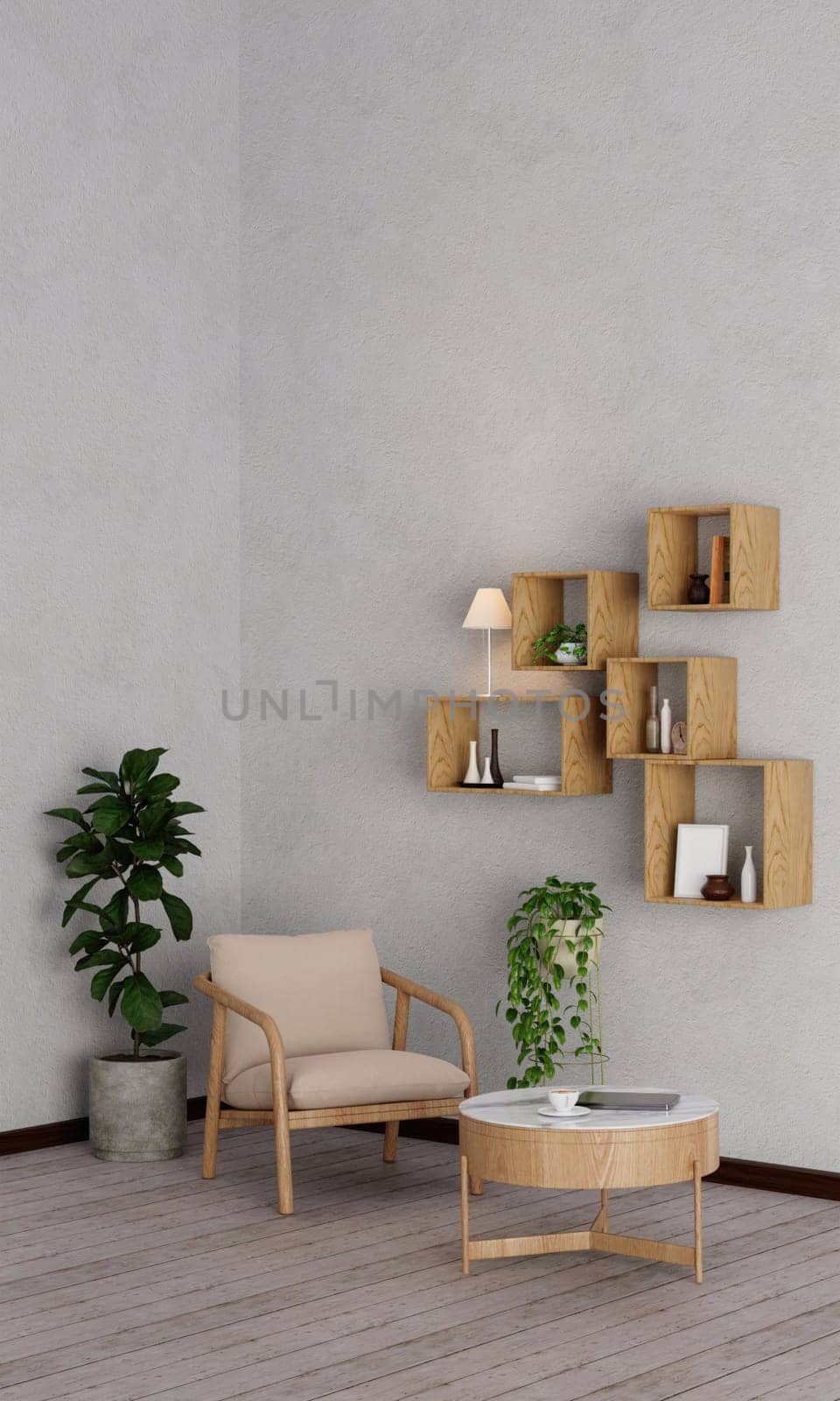 Warm and Cozy Composition of spring living room interior with mock-up poster frame, wooden cabinet, wooden chair, base with leaves, plants, Home Decor. 3d render illustration.