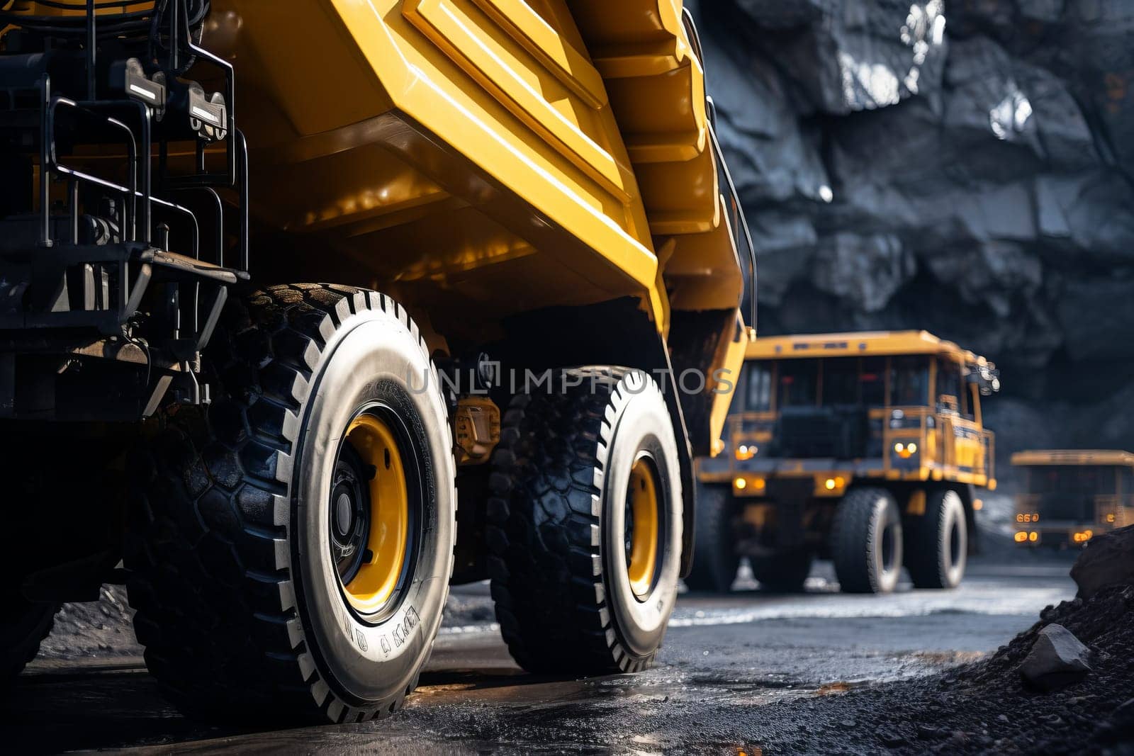 Closeup detailed large yellow dump truck for coal anthracite by rusak
