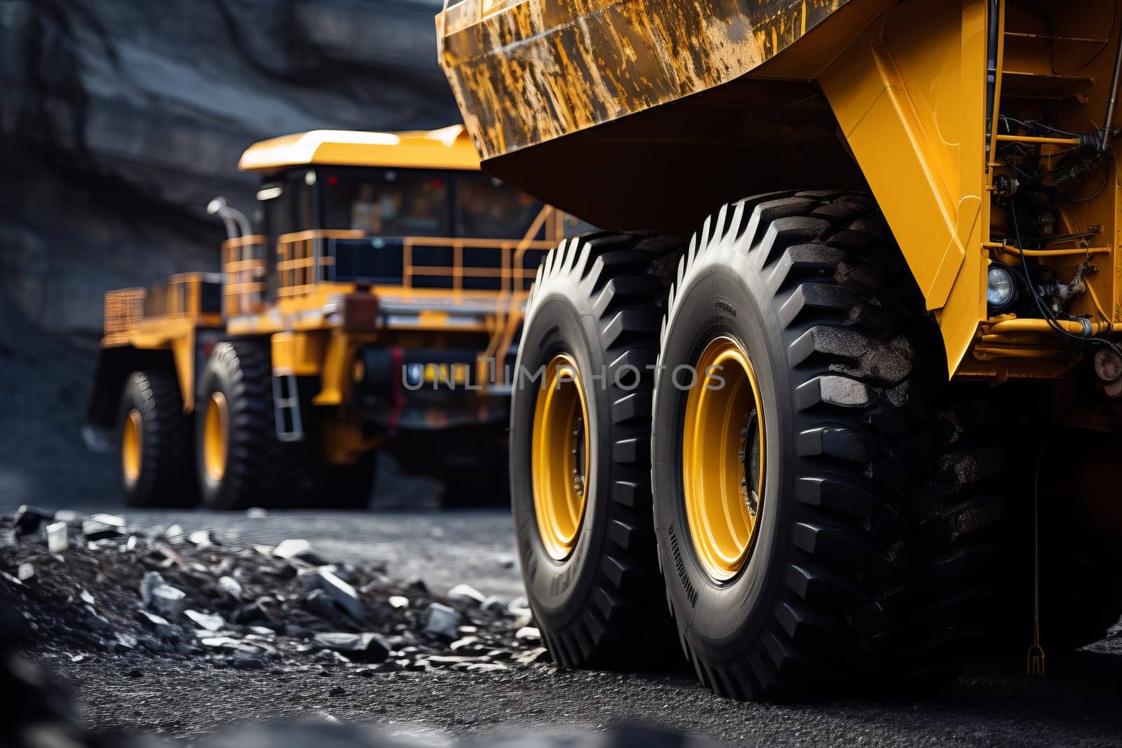 Closeup detailed large yellow dump truck for coal anthracite on the background of coal mining