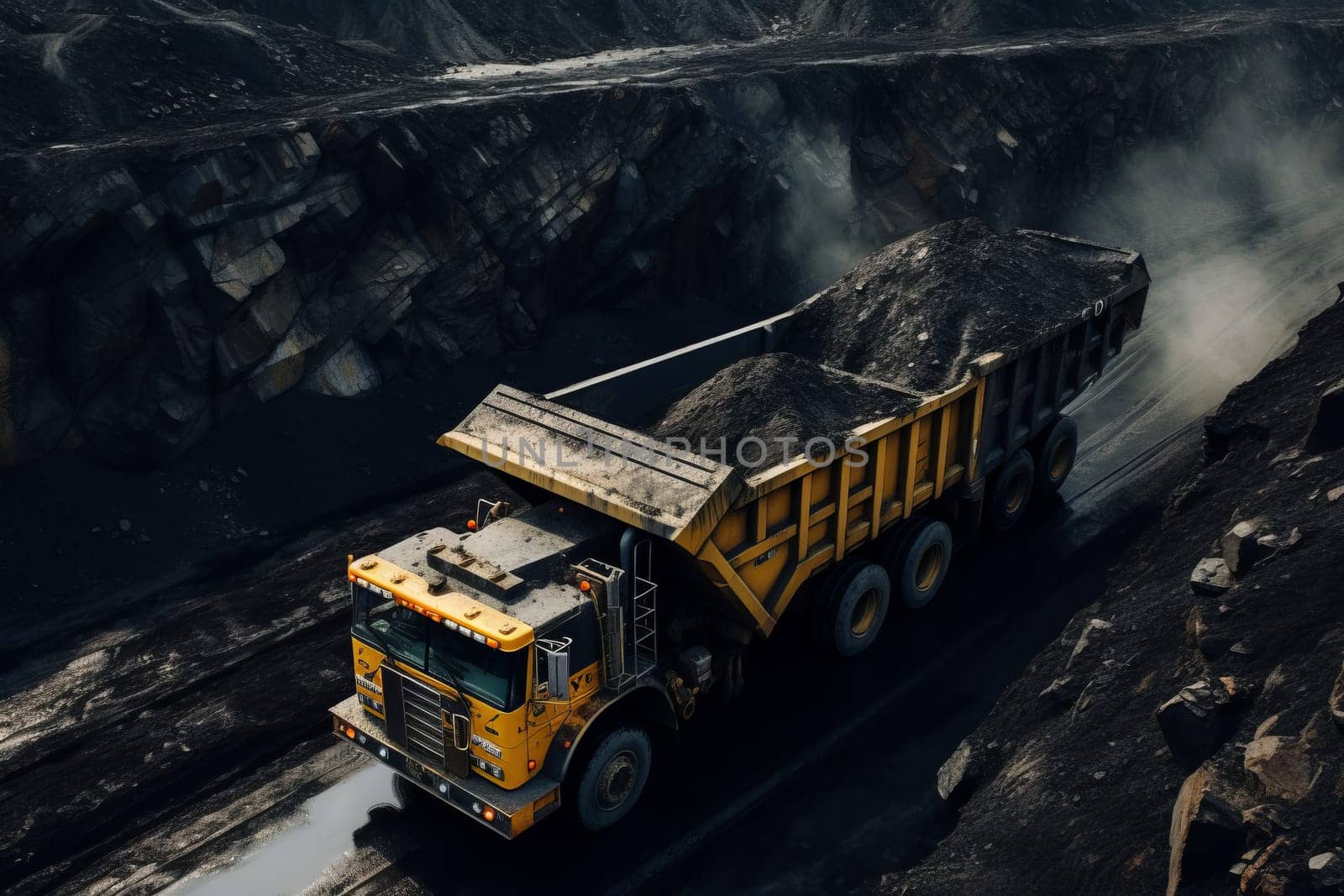 Yellow dump trucks for coal anthracite on the background of coal mining by rusak