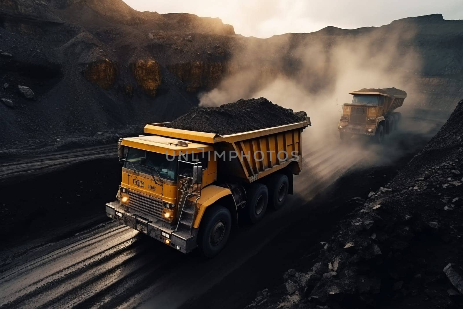 Yellow dump trucks for coal anthracite on the background of coal mining by rusak