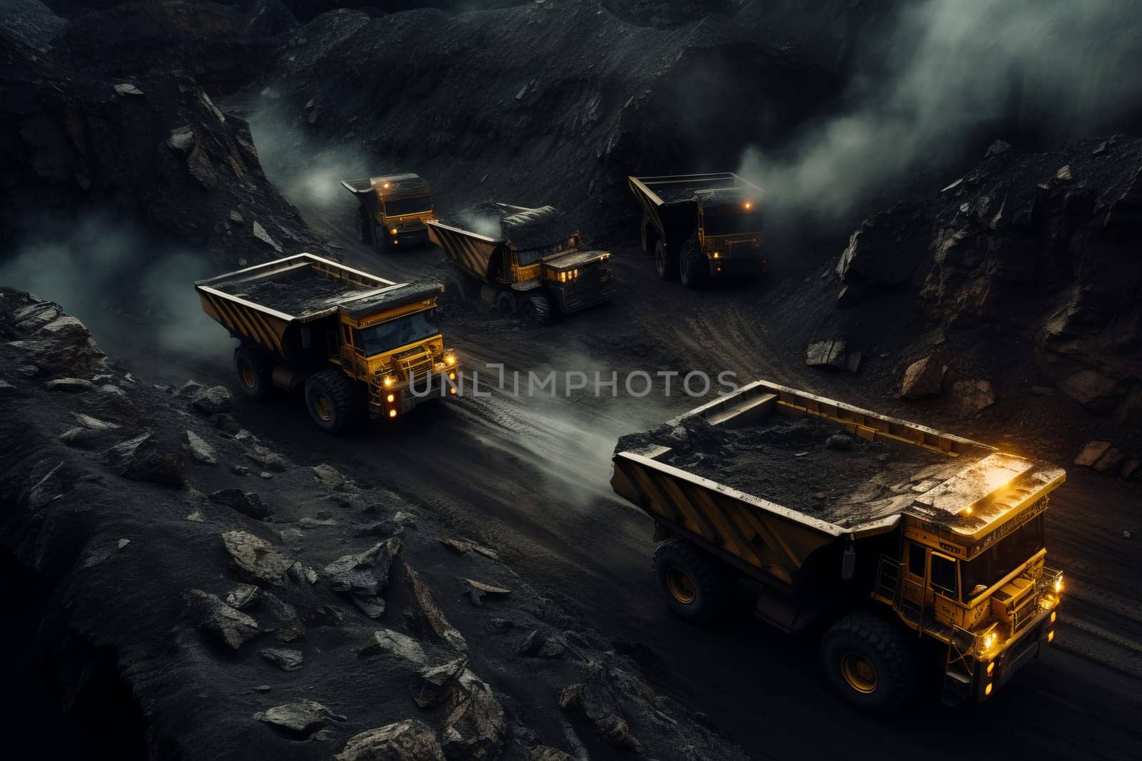 Yellow dump trucks for coal anthracite on the background of coal mining, aerial view