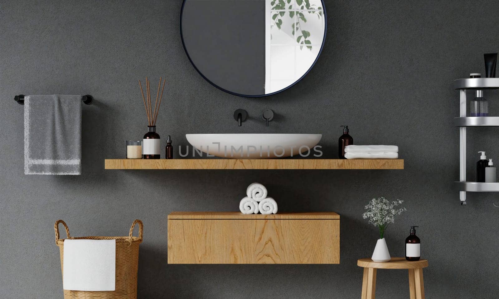 3D render a wood counter with decoration washbasin and modern style white bathroom 3d render, white grey ceramic and mirrors. 3d render.