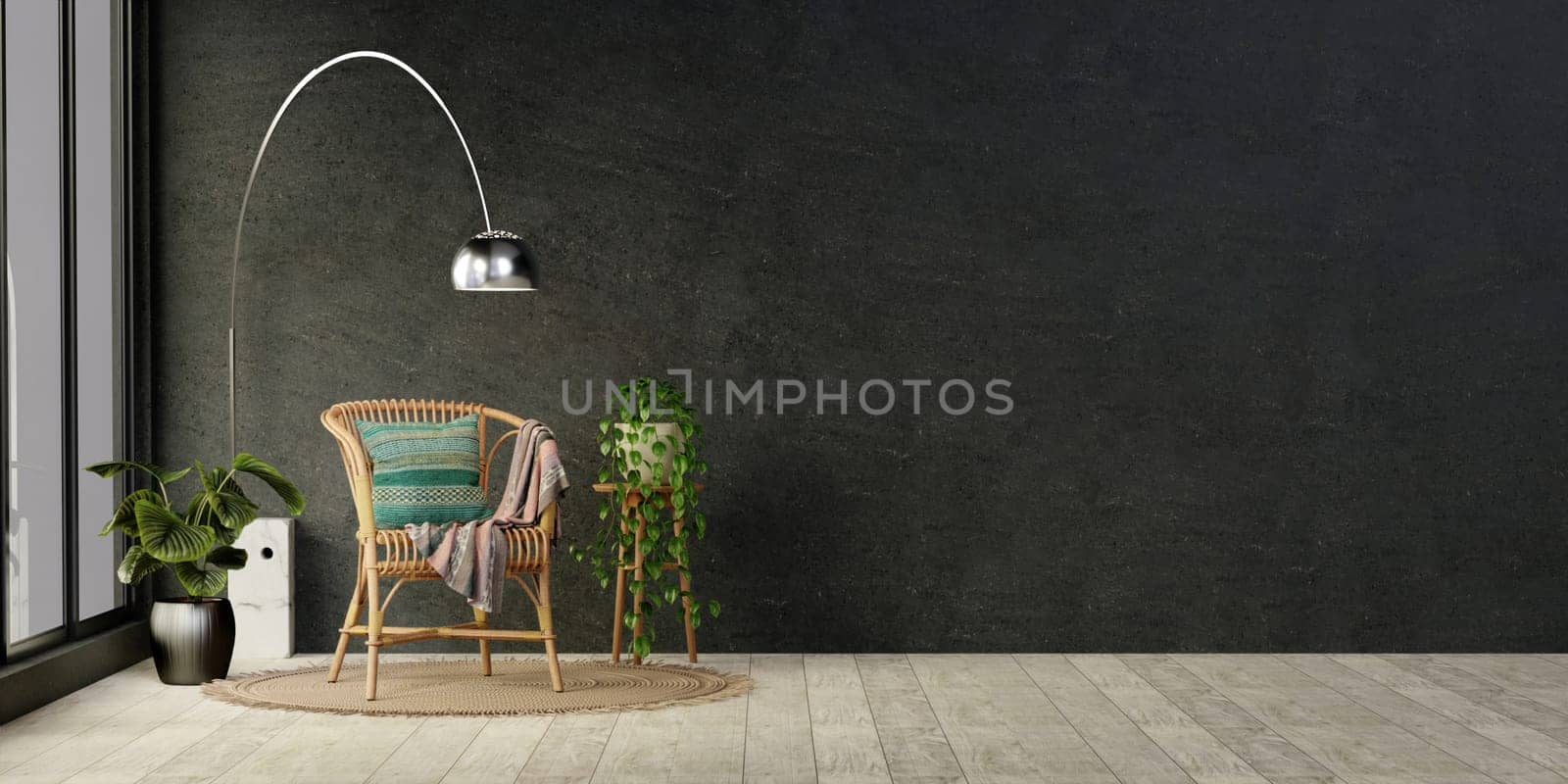 Living room interior in loft .Armchair, lamp, plant and dark dray wall. 3D render illustration.