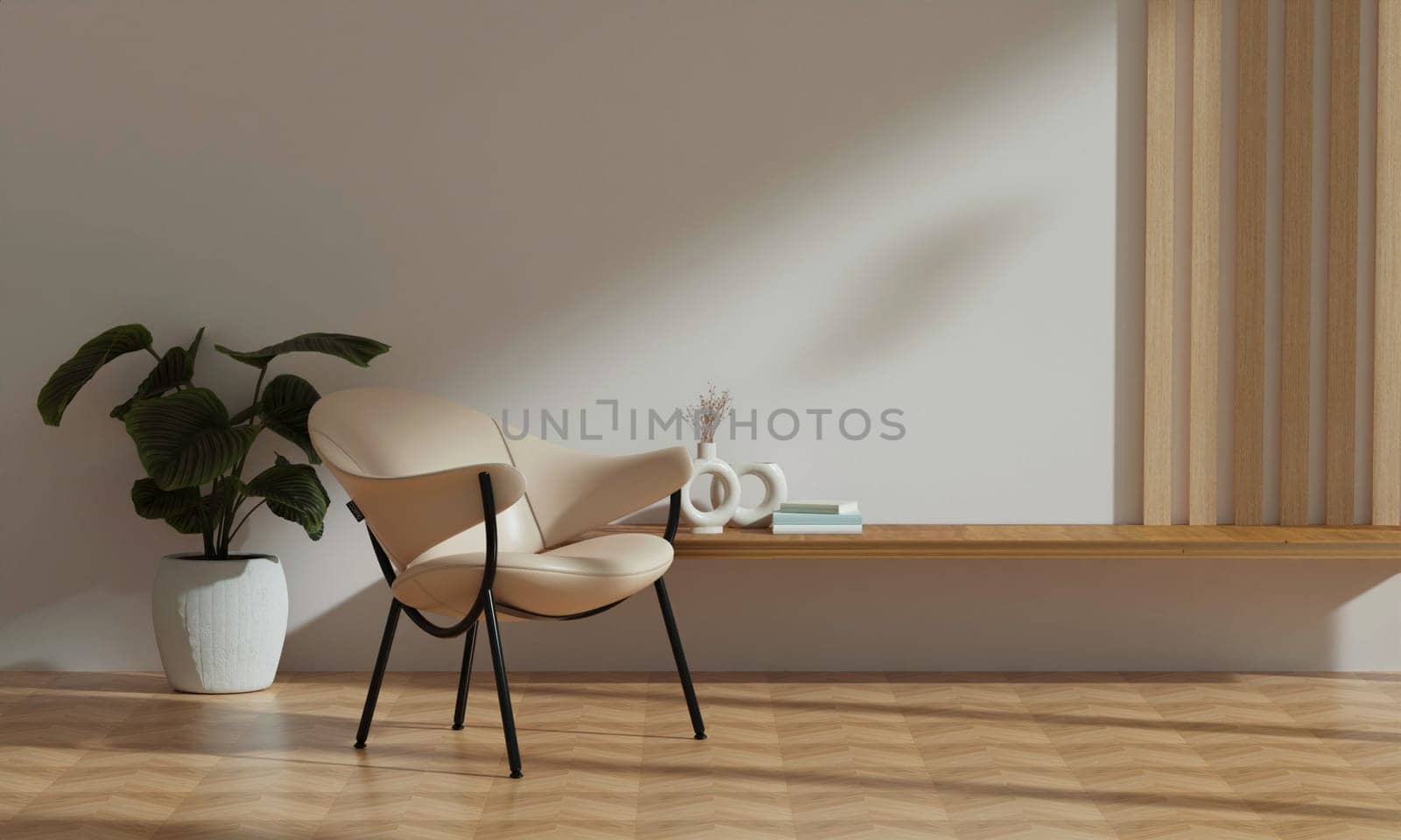 Living room interior mockup. chair with coffee table and decoration on empty warm neutral wall background. 3d rendering, illustration.