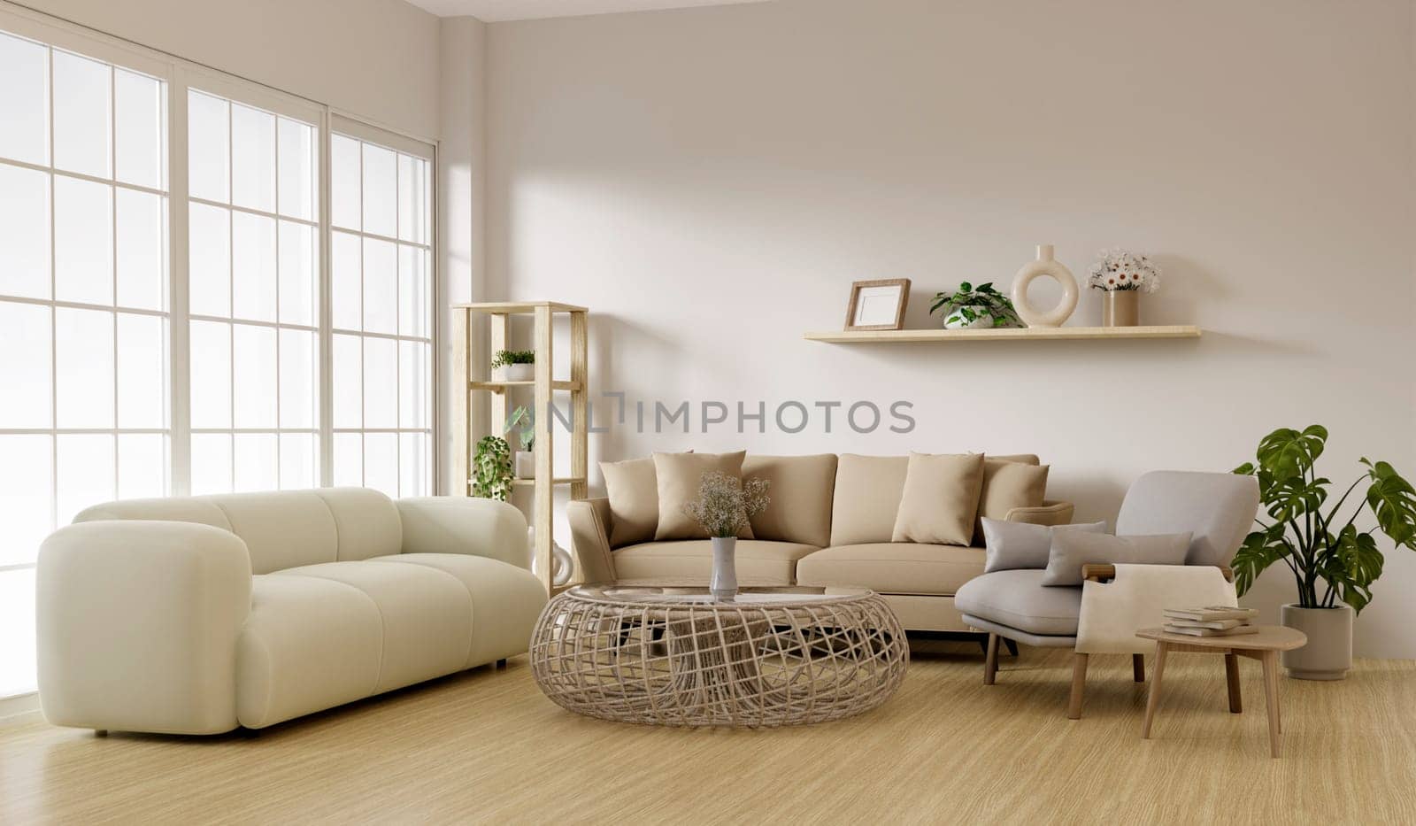 Modern Living room with sofa and decorate plant Minimal style 3d render, white wall and wood floor 3d render,.
