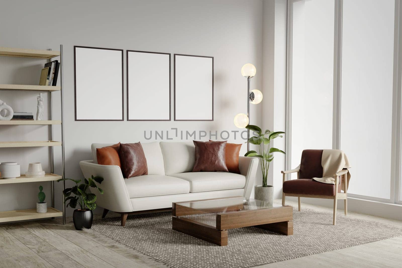 Blank 3 picture frame mockup on white wall. Modern living room design. View of modern Scandinavian style interior with sofa. 3d render illustration.