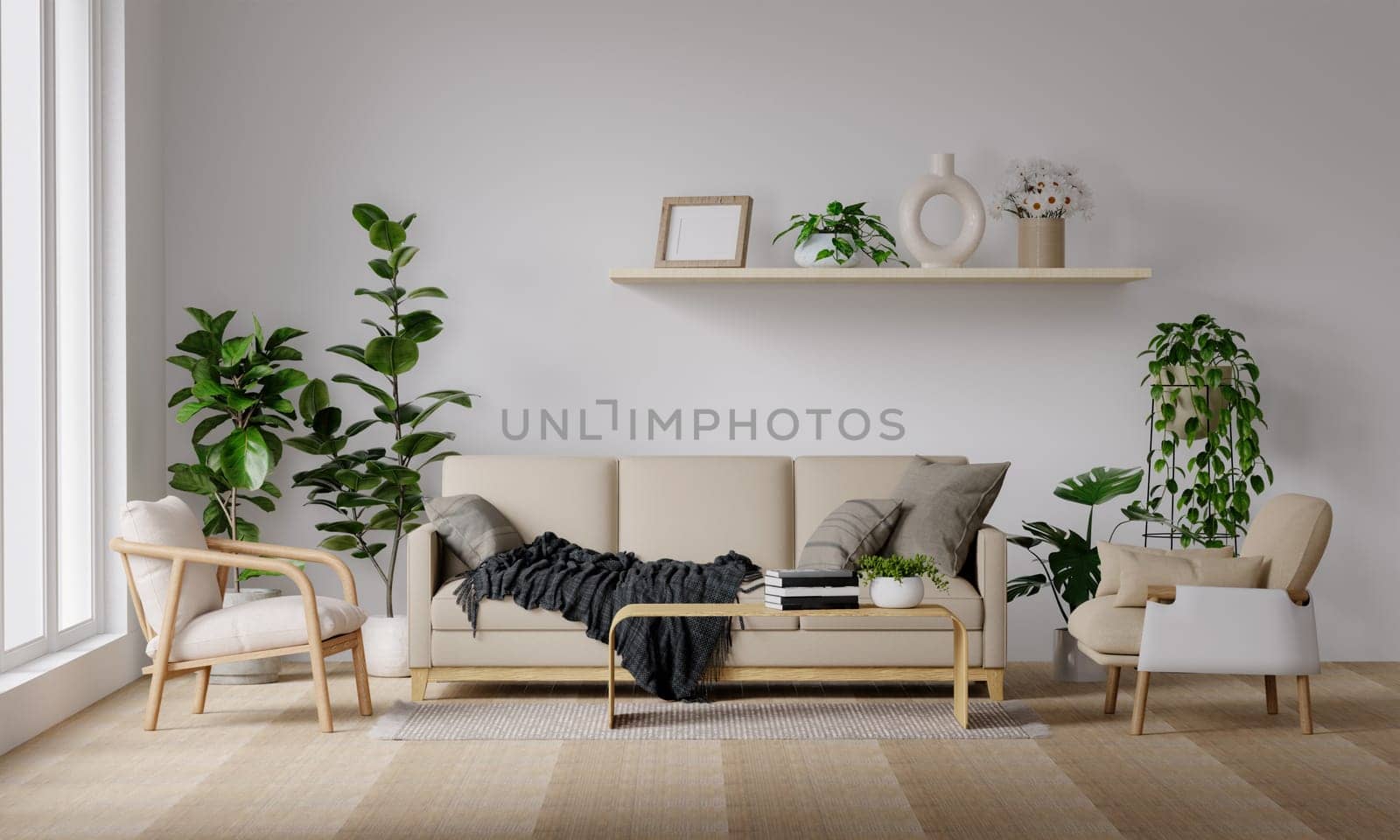 Modern minimalist interior with an armchair on empty cream color wall background.3D rendering.