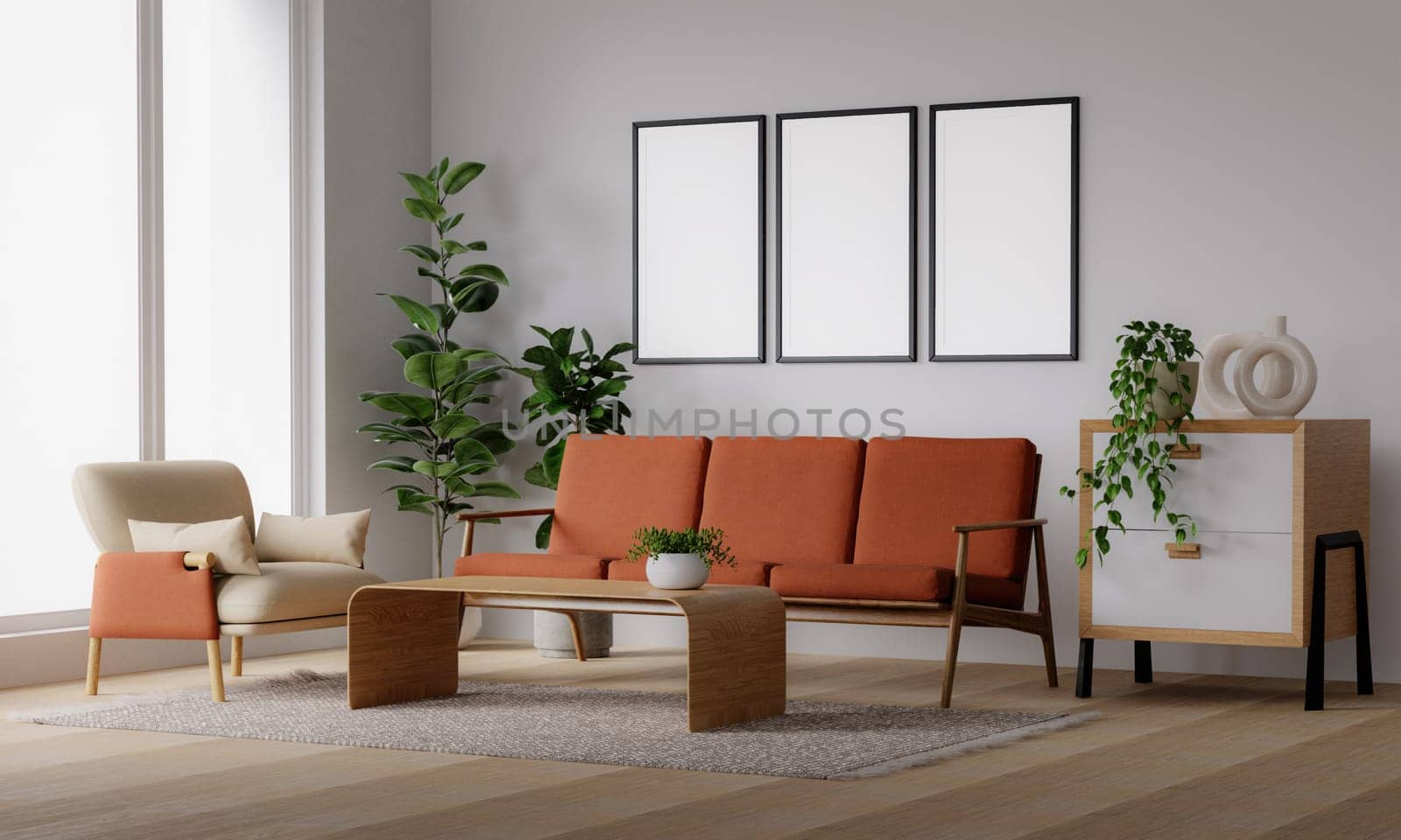 Cozy modern living room interior mock-up poster frame and orange sofa and decoration room on a orange or white wall background. 3D rendering.