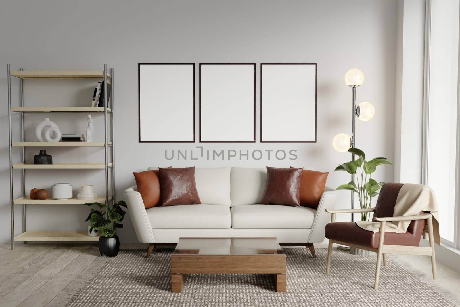 Blank 3 picture frame mockup on white wall. Modern living room design. View of modern Scandinavian style interior with sofa. 3d render illustration.