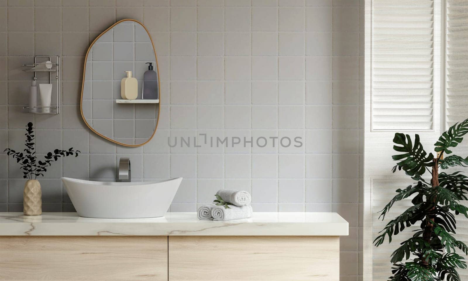 3D render an empty counter with ceramic washbasin and modern style white bathroom 3d render, white wall and mirrors, The room has large windows. 3d render.
