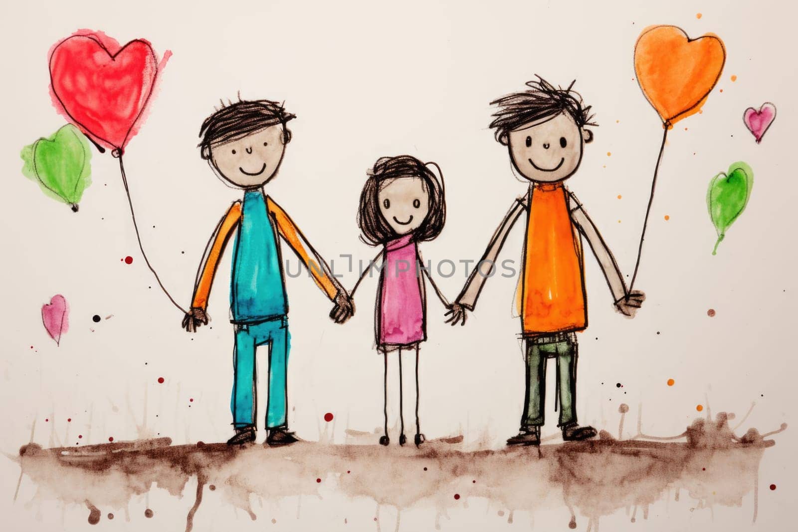 Family drawing and heart shaped balloon and holding hands