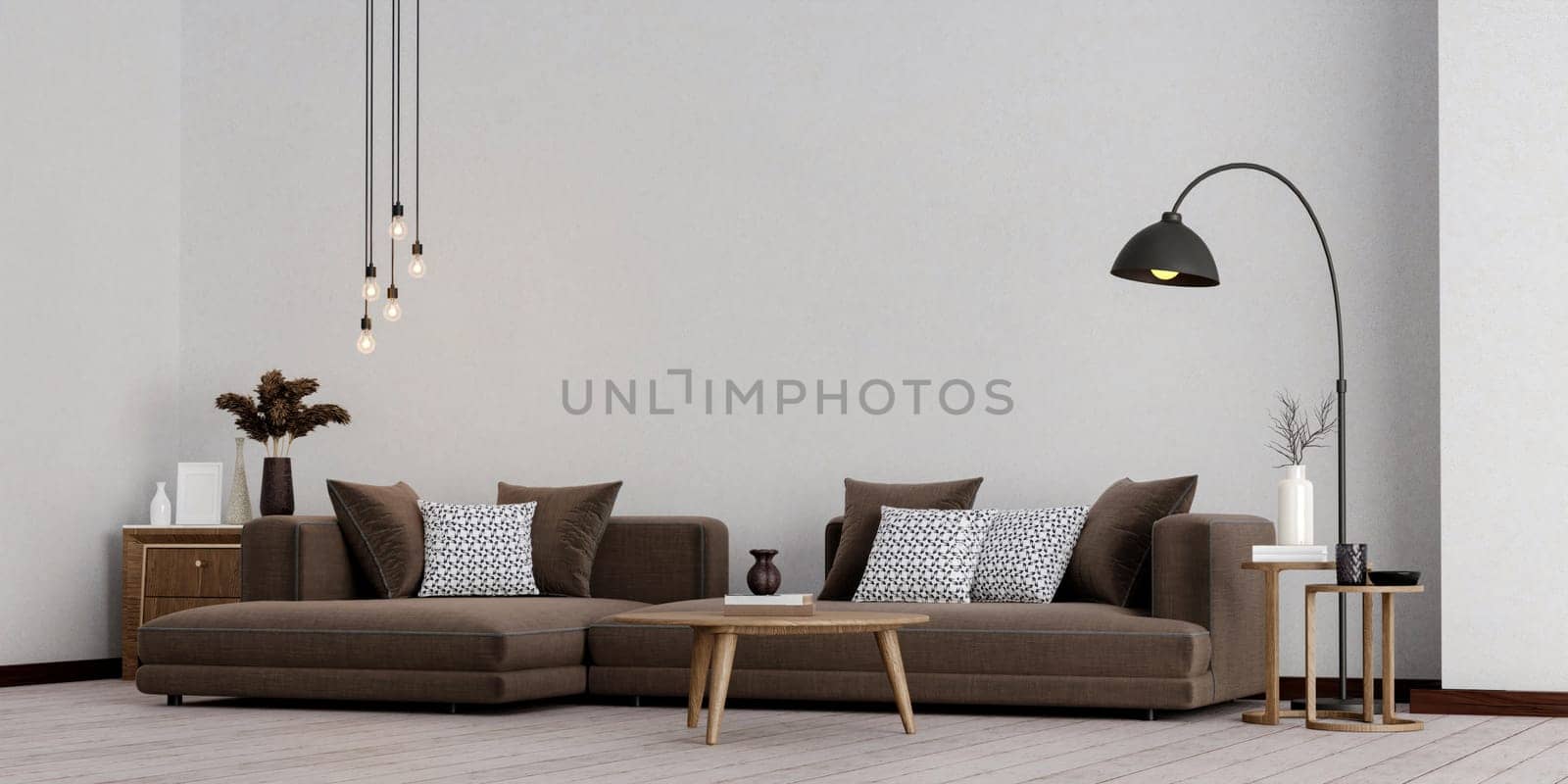 Modern living room .3d rendering image. There are wooden floor decorate wall .with brown fabric furniture..
