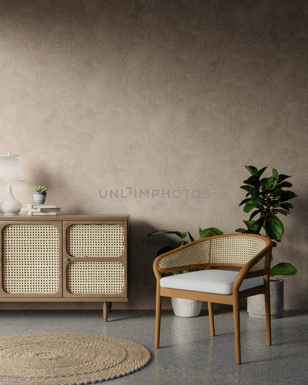 Light living room interior dresser and shelf with art decoration, mockup frame. 3d render illustration.