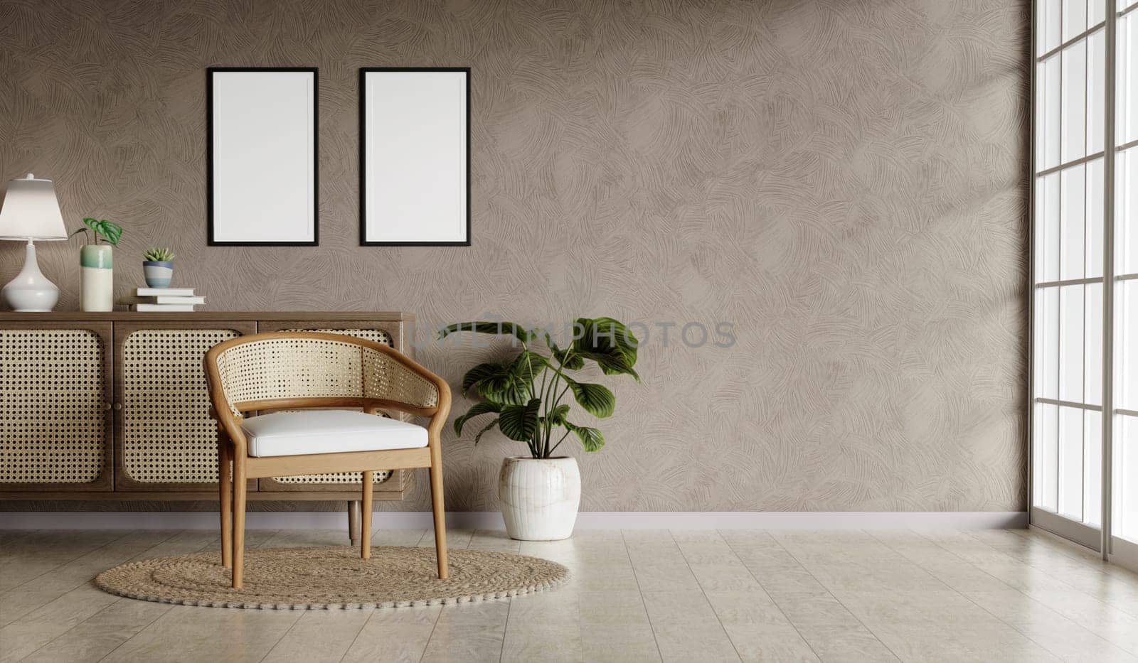 A blank room with sofa and frame and plant and with Minimal style 3d render, white wall and wood floor, The room has large windows. 3d render.