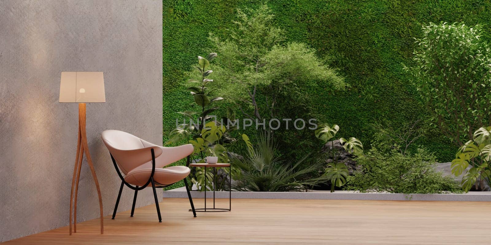 sofa and lamp in Empty glass room with tropical green plant wall background 3d render, white wall and wood floor.3d render..