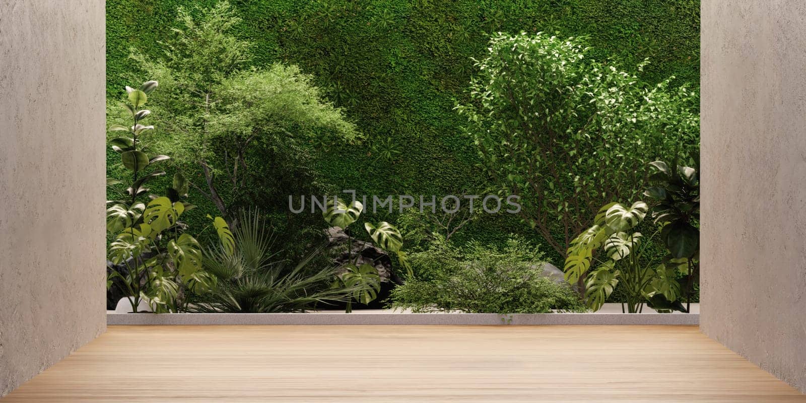 Empty glass room with tropical green plant wall background 3d render, There are wooden floor and concrete wall decorate.