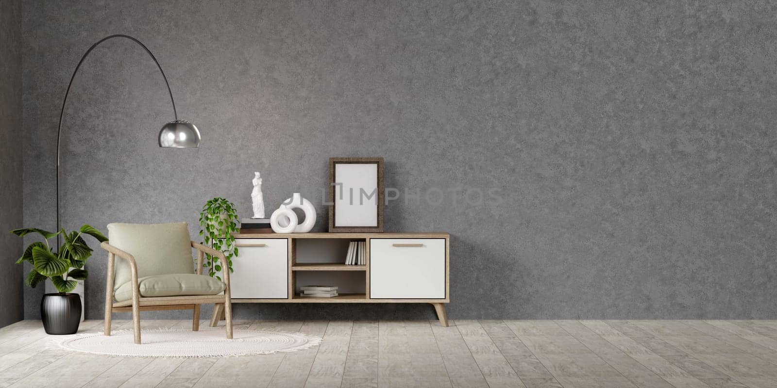 Wooden rustic cabinet near wall with blank poster frame with copy space. Interior design of modern living room. 3D render illustration.