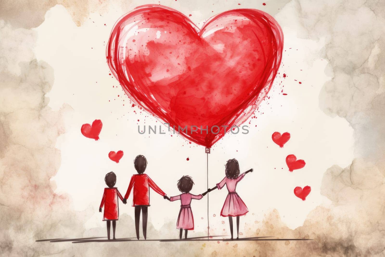 Illustration of a family with heart balloon