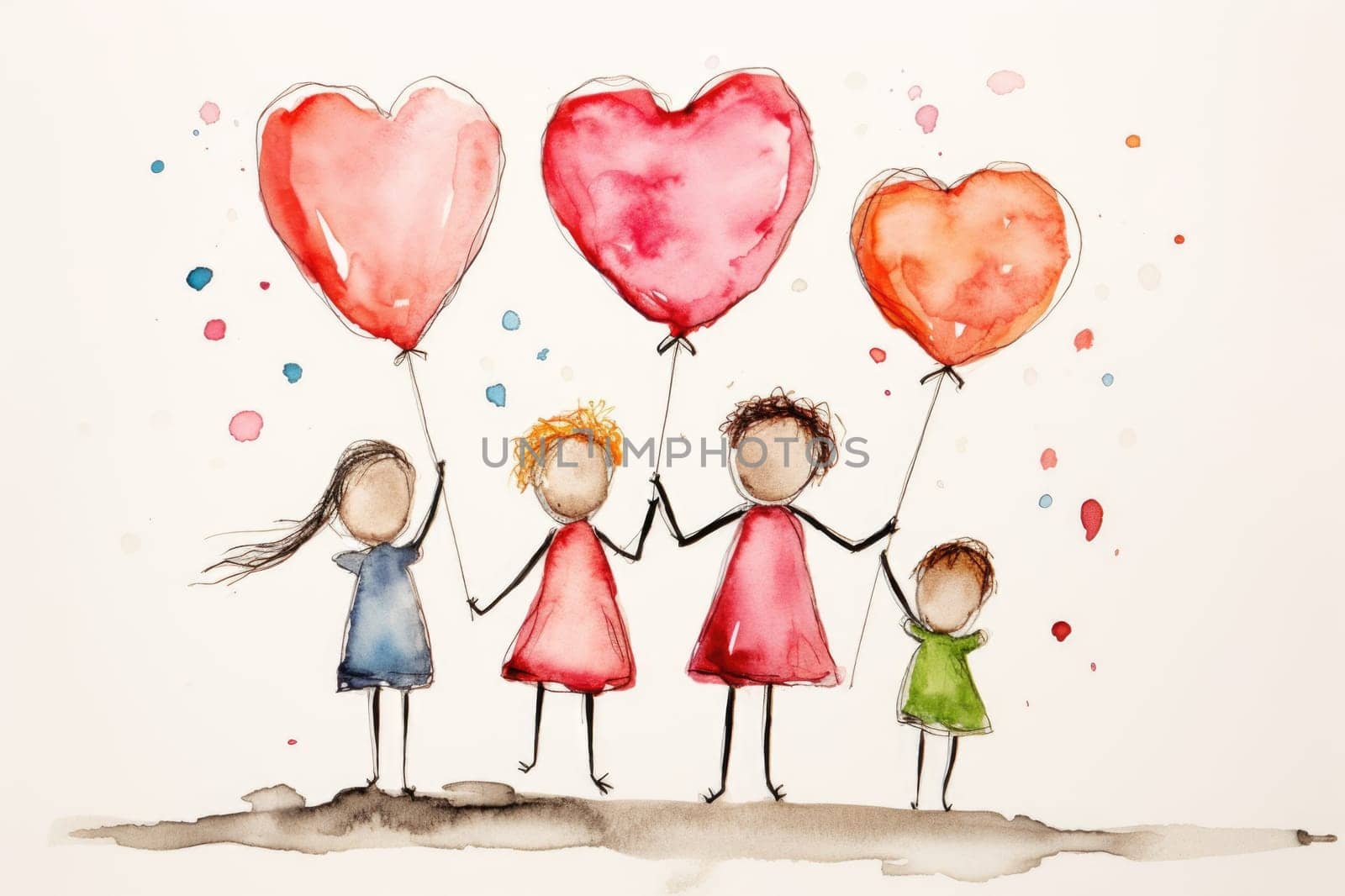 Family drawing and heart shaped balloon and holding hands