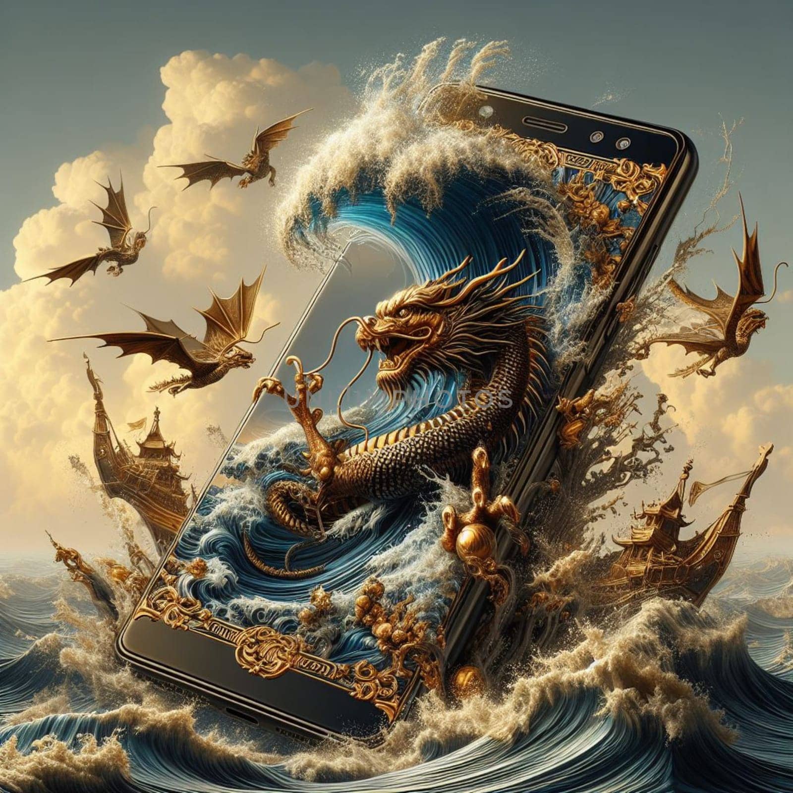 traditional female dragon city skyline sunset chinese 2024 new year out mobile phone screen on desk by verbano