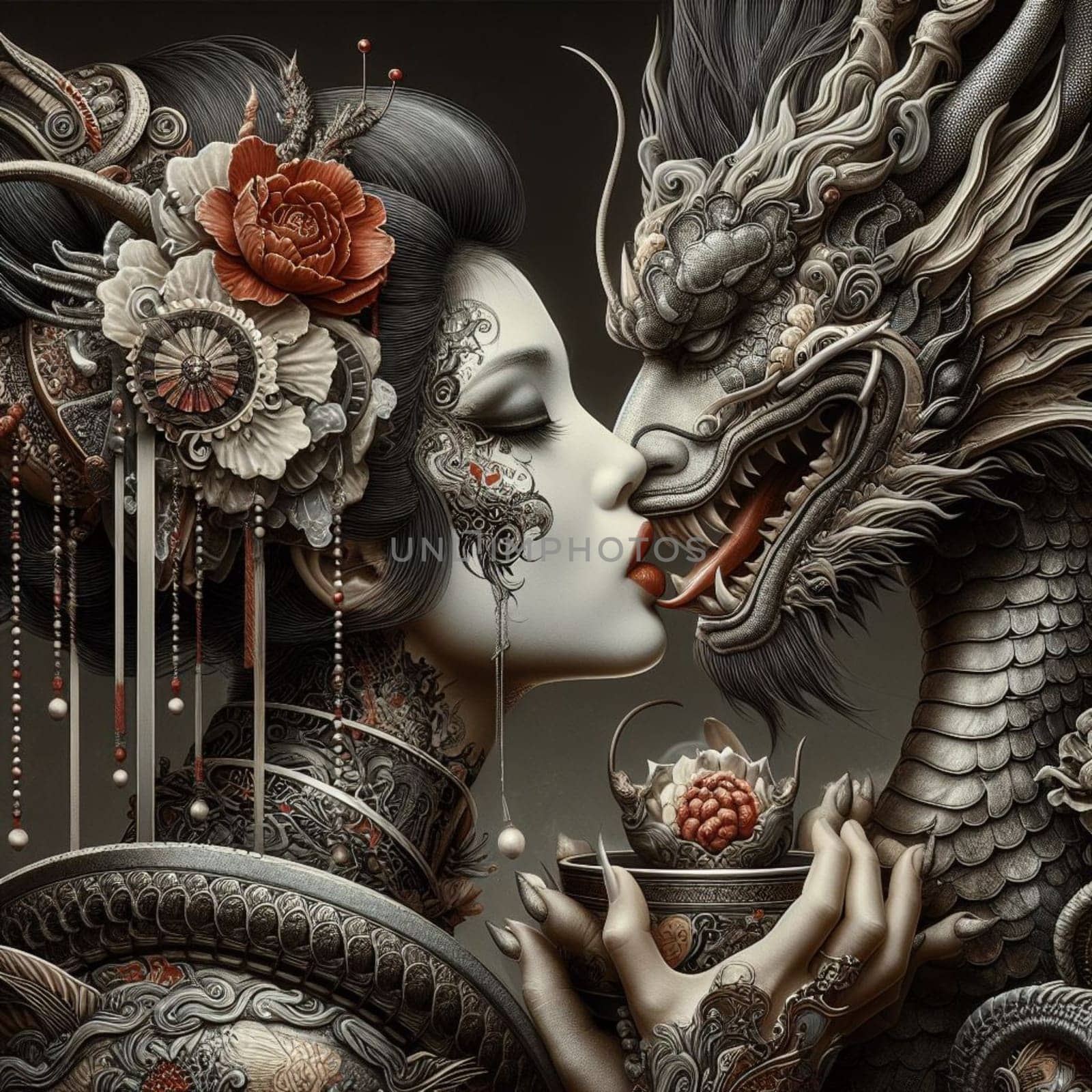 porcelain geisha wear make up tattoed model kiss confront powerful dragon chinese creature new year by verbano