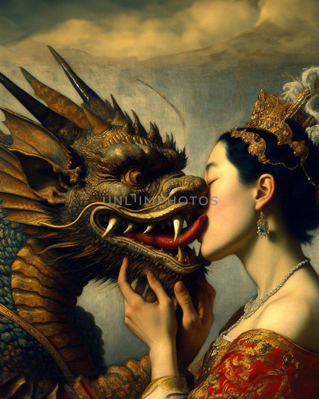 powerful dragon chinese creature tame powerful woman in baroque painting styleai generated