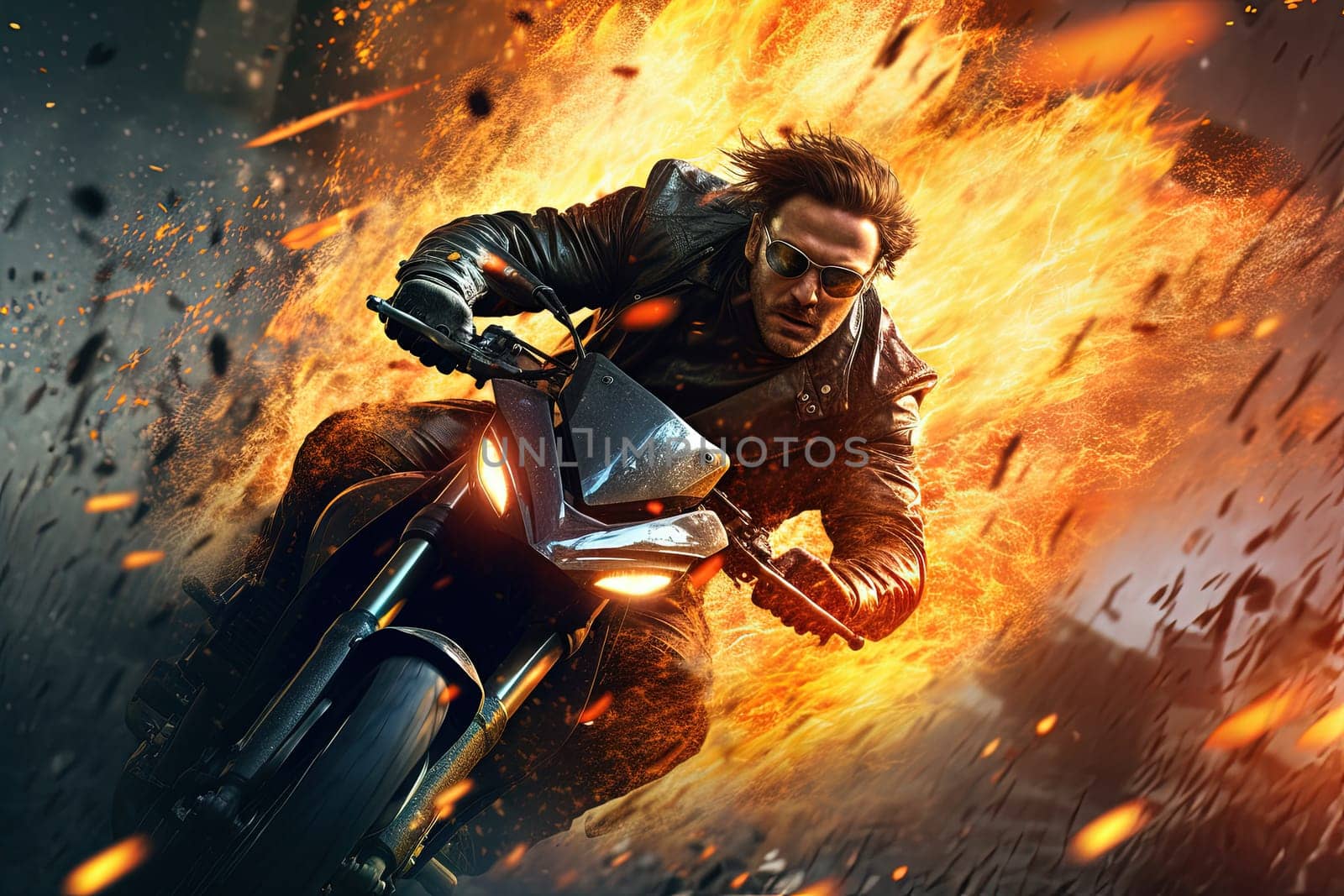 Action shot with man riding away from explosion on bike. Dynamic scene fith fire in action movie blockbuster style. Generated AI