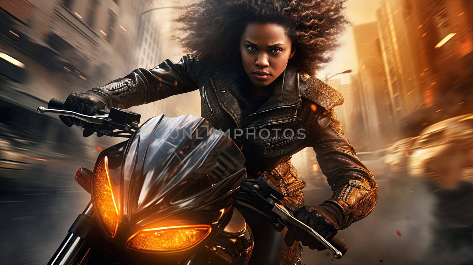 Action shot with black woman on the bike riding away from fire and explosion. Dynamic scene in action movie blockbuster style. Generated AI