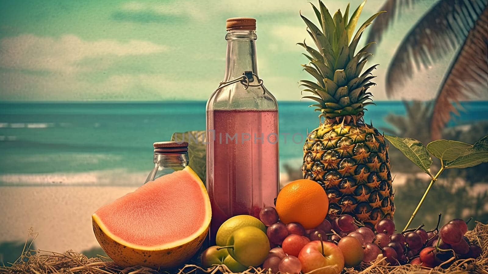 Bottle with fruit water or alcohol in the sand of the beach. Vacation scene with lemonade bottle on the shore line. Generative AI. by SwillKch