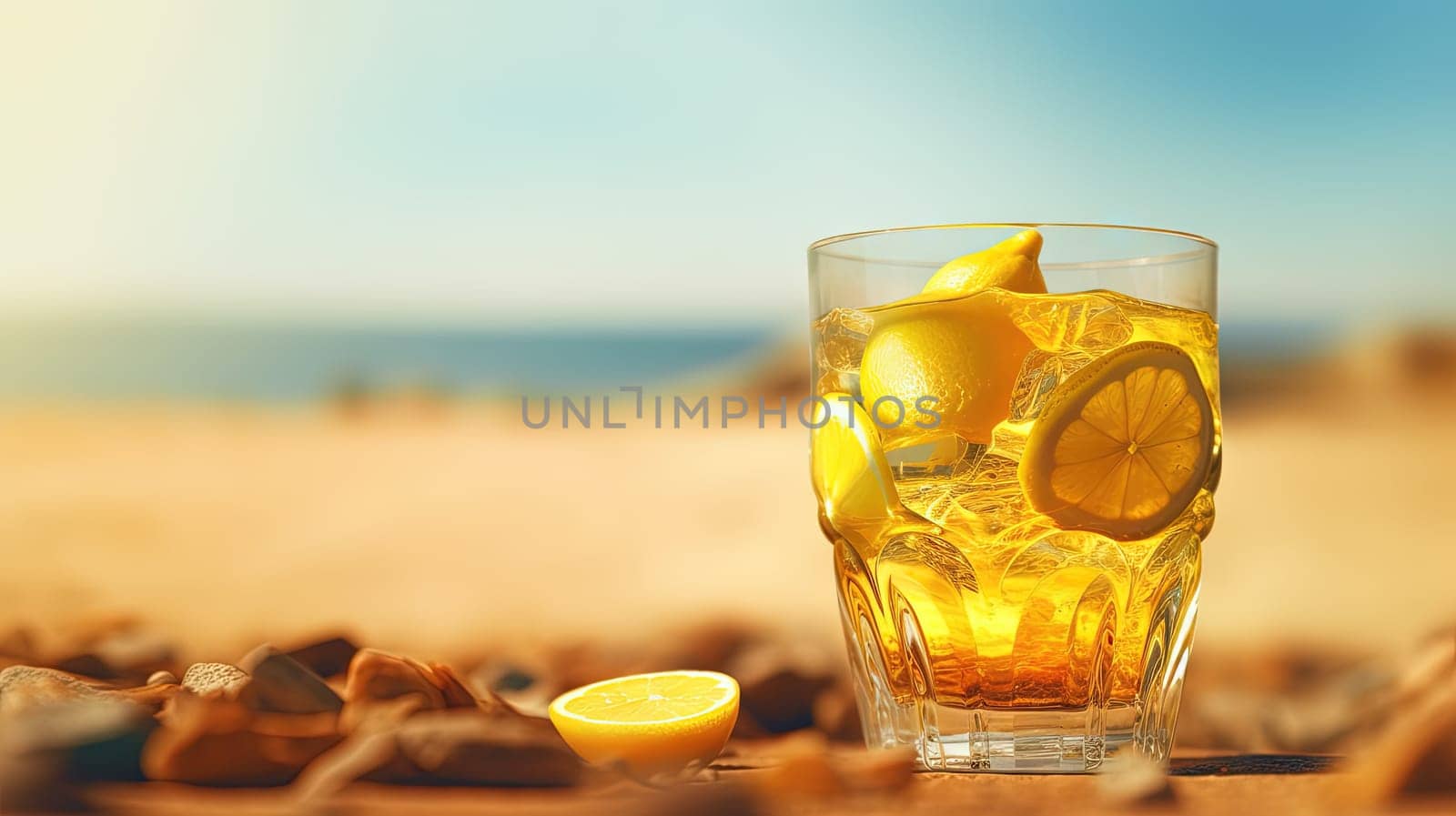 Glass with lemon water in the sand of the beach. Vacation scene with lemonade glass on the shore line. Generative AI.